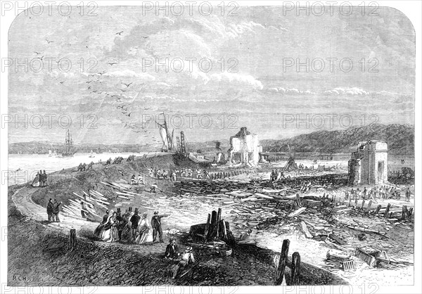 Scene of the explosion of gunpowder magazines near Erith, 1864. Creator: Unknown.
