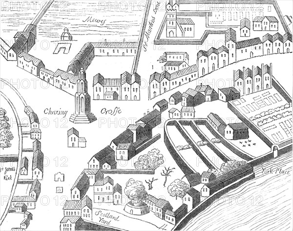 Old Charing-Cross, from Aggas's plan of London, 1864. Creator: Unknown.