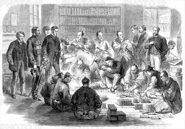 Satzuma's envoys paying the indemnity money at Yokohama for the murder of Mr. Richardson, 1864. Creator: Unknown.