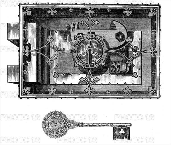 The International Exhibition: Chubbs' safe-lock and key, 1862. Creator: Unknown.