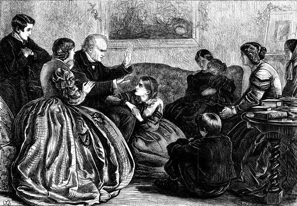 Christmas Story-telling - drawn by J. E. Millais, 1862. Creator: Dalziel Brothers.