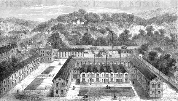 The new Sèvres porcelain manufactory in the park of St. Cloud: bird's eye view of...workshops, 1864. Creator: Unknown.