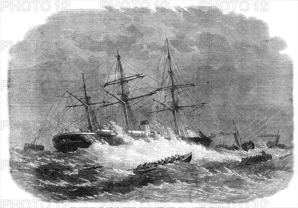 The screw-steamer Ontario aground on Hasborough Sands, near Yarmouth, 1864. Creator: Unknown.