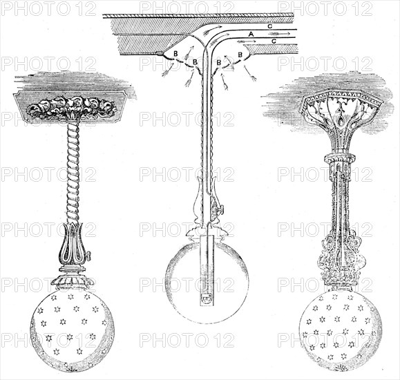 The International Exhibition: ventilating globe lights by Messrs. Rickett and Hammond, 1862. Creator: Unknown.