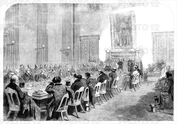 The Cotton Famine: meeting of the central relief committee...Manchester townhall..., 1862. Creator: Unknown.