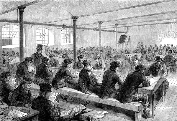 The Cotton Famine: school for mill operatives at Mr. Stirling's mill...Manchester, 1862. Creator: Unknown.