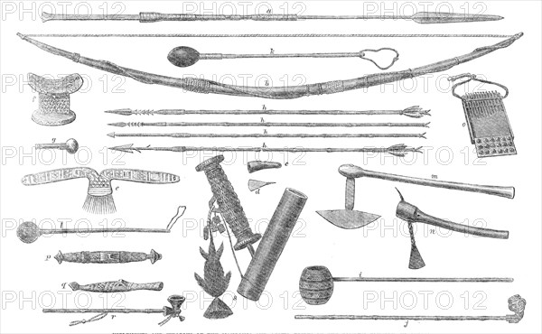 Implements and weapons of the Manganja and Ajawa tribes of the Zambesi Country, in Africa, 1864. Creator: Unknown.