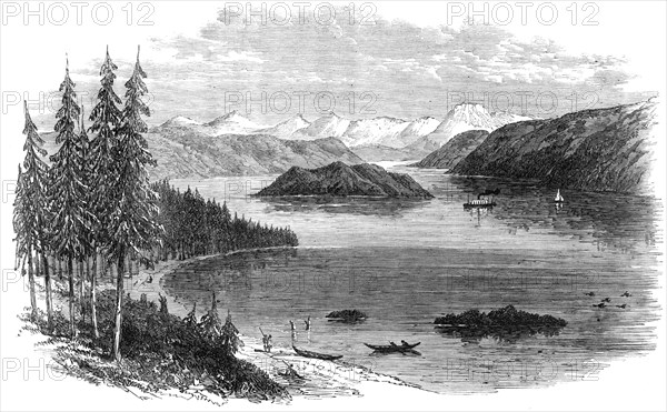 Sketches in British Columbia: Harrison Lake, with the Cascade Mountains in the distance, 1864. Creator: Unknown.