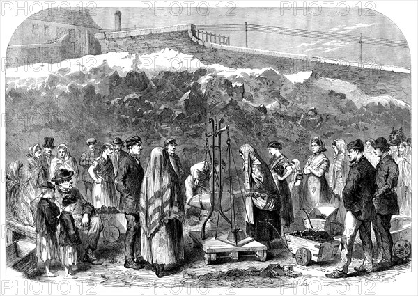 The Cotton Famine: distributing coal at the Castle-field old coal-wharf, Manchester, 1862. Creator: Unknown.