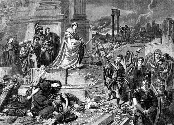 Nero after the Burning of Rome, by Carl Piloty, in the late International Exhibition, 1862. Creator: W Thomas.