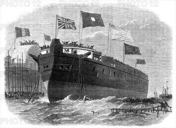 Launch of the Turkish iron-clad frigate Sultan Mahmoud, at the Thames Ironworks, Blackwall, 1864. Creator: Smyth.