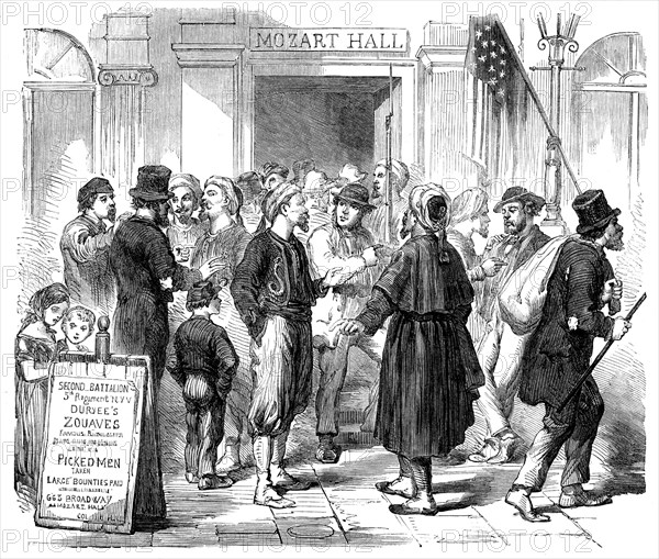 The War in America: recruiting in New York: the Irish Zouaves, 1862. Creator: Unknown.