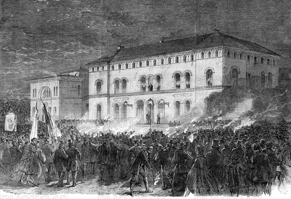 The Schleswig-Holstein Difficulty: torchlight welcome to Prince Frederick,...Railway Hotel, 1864. Creator: Unknown.