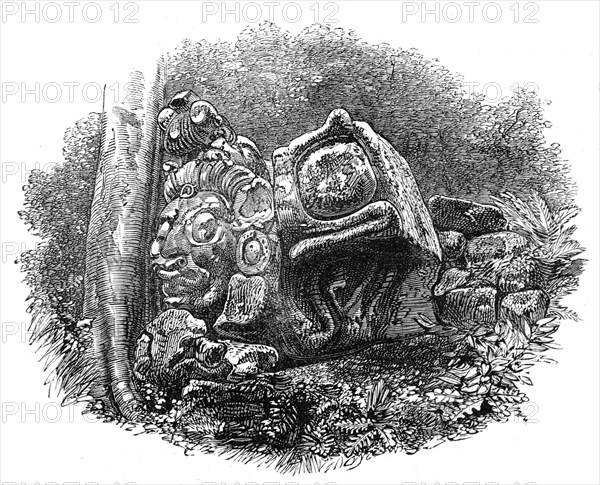 The Ruins of Copan, Central America: a head, with other sculptured stones, 1864. Creator: Unknown.