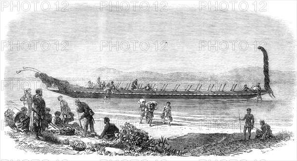 Maori war-canoe at Tauranga, New Zealand, 1864. Creator: Unknown.