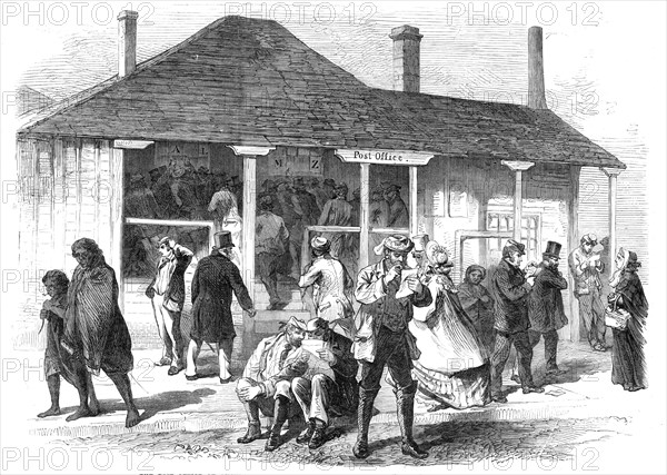 The Post Office of Auckland, New Zealand: arrival of the "Home" Mails, 1864. Creator: Unknown.
