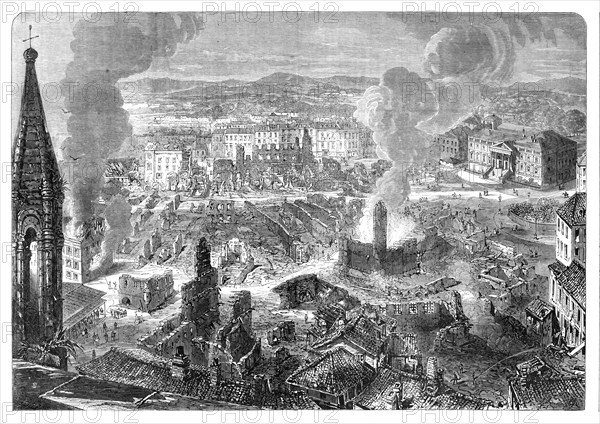 Scene of the Great Fire at Limoges, France - from a sketch by our special artist, 1864. Creator: Smyth.