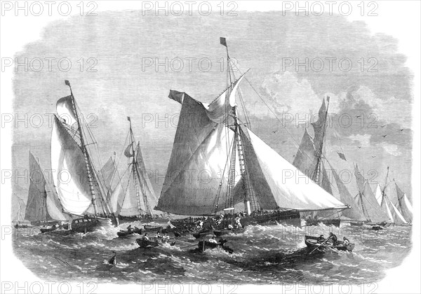 A Barking carrier collecting fish from the trawl fleet on the Doggerbank, 1864. Creator: Smyth.
