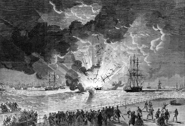 Explosion on board the barque Lottie Sleigh, laden with gunpowder, in the Mersey..., 1864. Creator: Unknown.