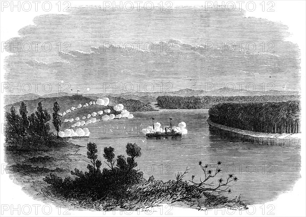 The War in New Zealand: the gun-boat Pioneer at anchor off Meremere, on the Waikato River..., 1864. Creator: Unknown.