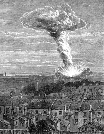 The explosion of gunpowder magazines at Erith: view…from Burrage-road, Plumstead…, 1864. Creator: Unknown.
