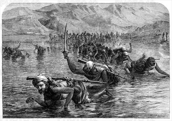 A party of Wuzurees crossing the Indus on water-jars, 1864. Creator: Mason Jackson.