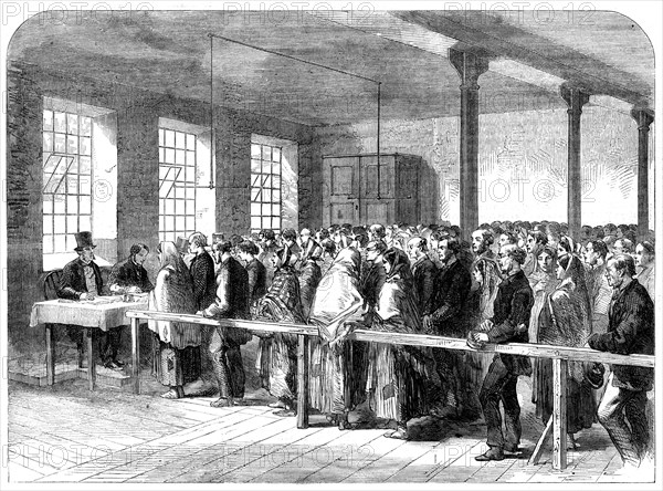 The Cotton Famine: distributing tickets for bread, soup, meat, meal, coal etc, Manchester, 1862. Creator: Unknown.
