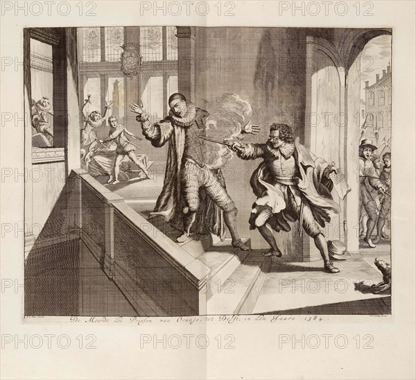 Murder of the Prince of Orange in Delft in 1584, c. 1680. Creator: Luyken, Jan (Johannes) (1649-1712).