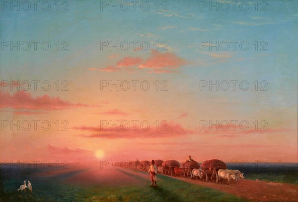 Expansive Landscape with the Ox-carts, 1858. Creator: Aivazovsky, Ivan Konstantinovich (1817-1900).