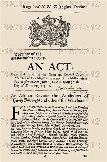 Regni Annae Reginae decimo. The 1711 act of the Massachusetts legislature to reverse the..., 1711. Creator: Historic Object.