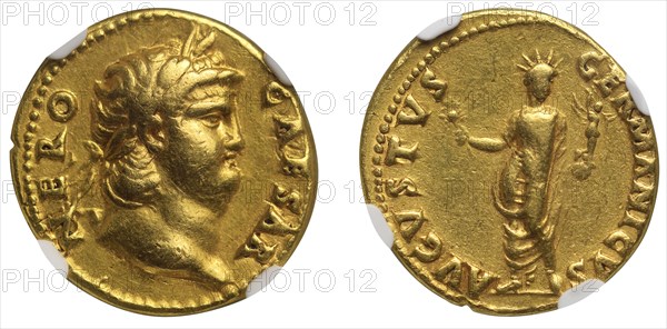 Aureus of Emperor Nero. Obverse: Laureate head of Nero. Reverse: The Colossus of Nero , 54-68. Creator: Numismatic, Ancient Coins  .