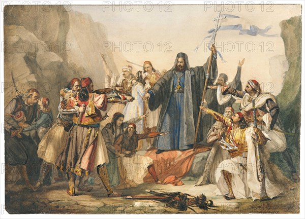 The Metropolitan Germanos raising the banner of freedom (Scene from the Greek struggle..., 1829. Creator: Lipparini, Ludovico (1802-1856).