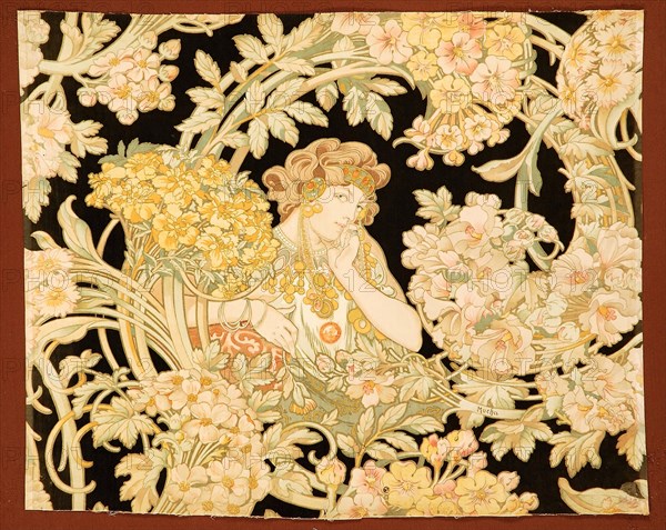 Woman among flowers (printed fabric), 1898-1899. Creator: Mucha, Alfons Marie (1860-1939).