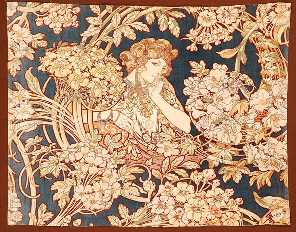 Woman among flowers (printed fabric), 1898-1899. Creator: Mucha, Alfons Marie (1860-1939).