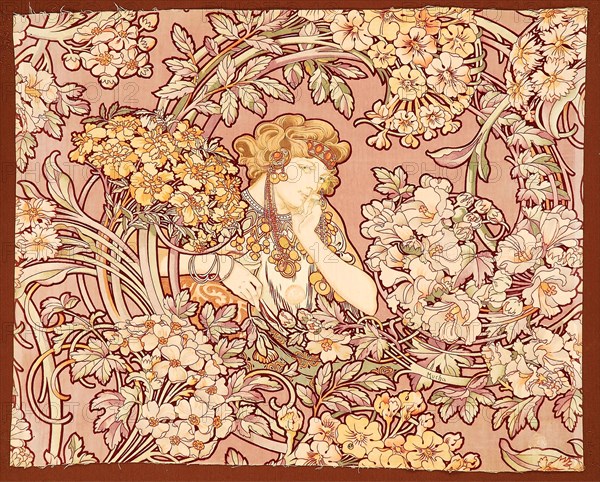 Woman among flowers (printed fabric), 1898-1899. Creator: Mucha, Alfons Marie (1860-1939).