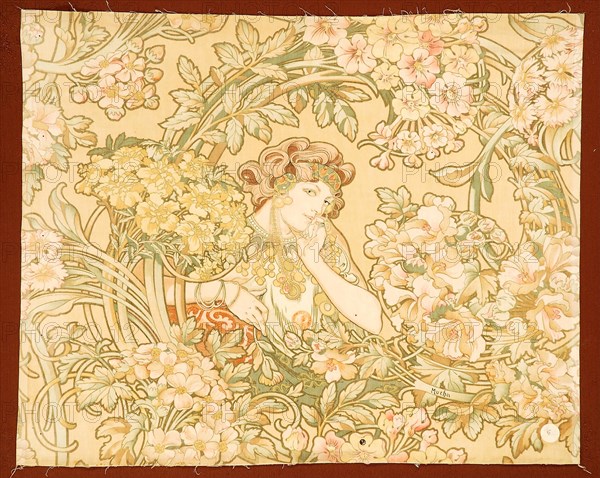 Woman among flowers (printed fabric), 1898-1899. Creator: Mucha, Alfons Marie (1860-1939).