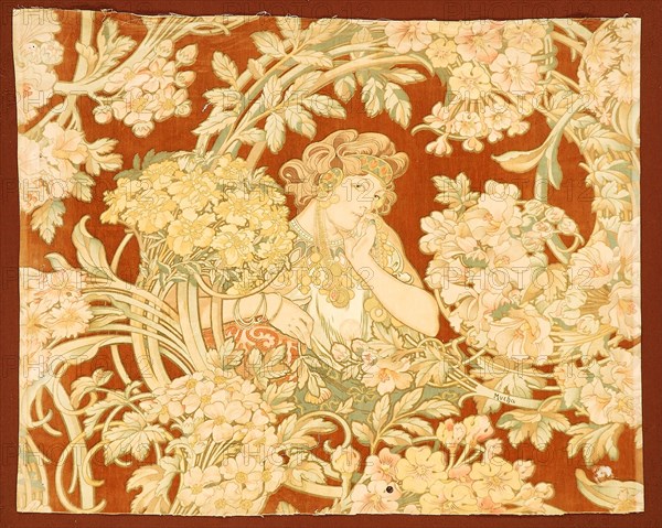 Woman among flowers (printed fabric), 1898-1899. Creator: Mucha, Alfons Marie (1860-1939).