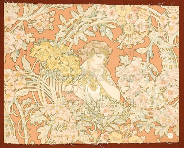 Woman among flowers (printed fabric), 1898-1899. Creator: Mucha, Alfons Marie (1860-1939).