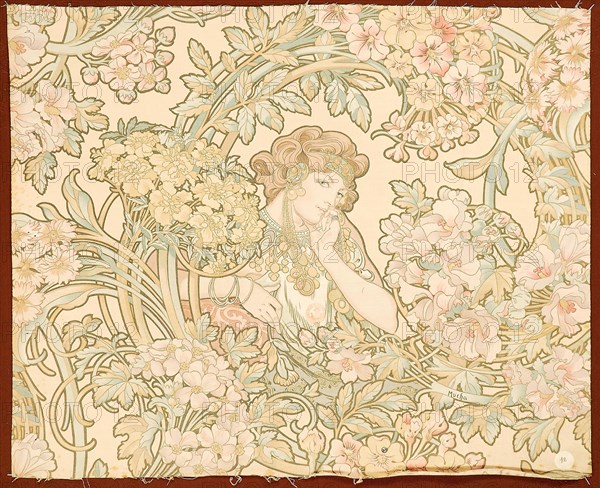 Woman among flowers (printed fabric), 1898-1899. Creator: Mucha, Alfons Marie (1860-1939).