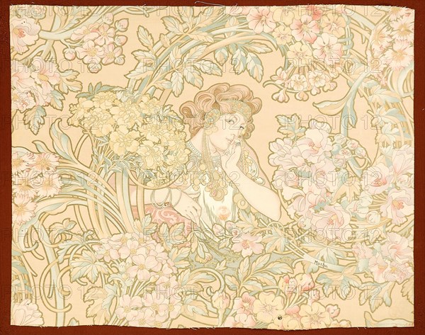 Woman among flowers (printed fabric), 1898-1899. Creator: Mucha, Alfons Marie (1860-1939).