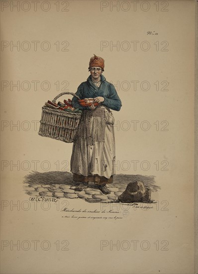 Women's Shoes seller. From the Series "Cris de Paris" (The Cries of Paris), 1815. Creator: Vernet, Carle (1758-1836).