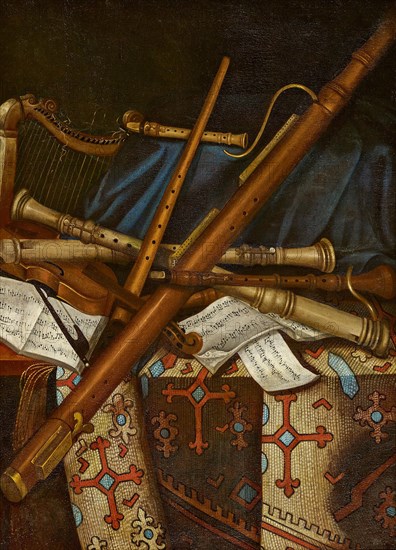 Still life with musical instruments and sheets music, First Half of 17th cen.. Creator: Benedetti, Andrea (c. 1615-c. 1649).