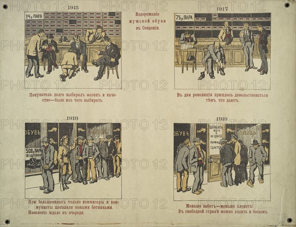 Price increase of men's shoes in Sovdepien (White Guard poster), c.1919. Creator: Unknown artist.