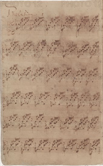 Autograph manuscript of the first page of the Prelude No. 1 from the first part of the Well..., 1722 Creator: Bach, Johann Sebastian (1685-1750).