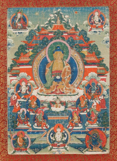 Thangka of Amitabha in the pure land of Sukhavati, 19th century. Creator: Tibetan Culture.