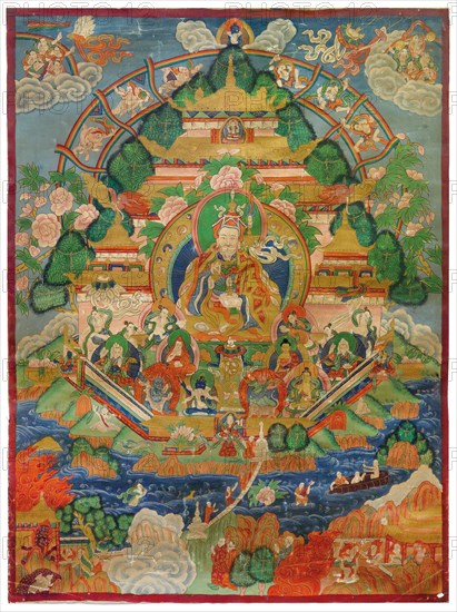 Padmasambhava in the Copper Mountain Paradise, 19th century. Creator: Tibetan Culture.