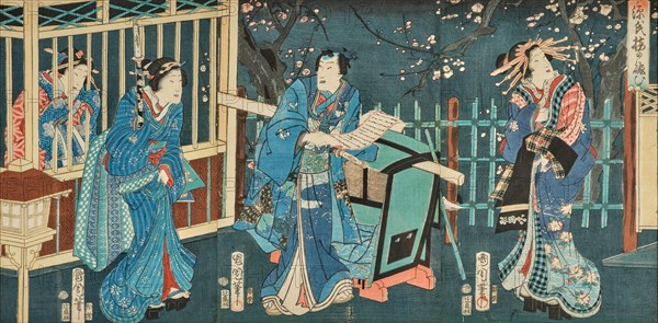 Genji sakura no nigiwai hi (The Expulsion of the Genji Cherry Blossoms), 1866. Creator: Kunichika, Toyohara (1835-1900).