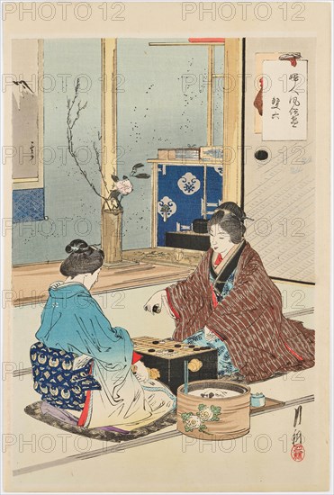 Two women are playing Go. From the series "Fujin fuzoku ga" (manners and customs of women), 1891. Creator: Gekko, Ogata (1859-1920).