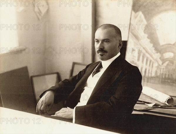 Alexei Viktorovich Shchusev (1873-1949) in the studio at the Kazan train station, 1914. Creator: Unknown photographer.