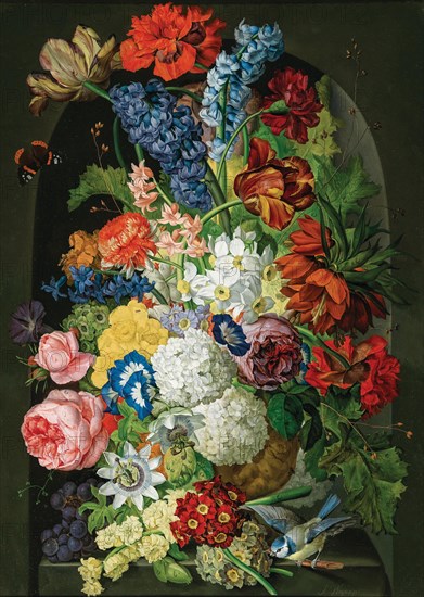 Floral still life with butterfly and blue tit. Creator: Wegmayr, Sebastian (1776-1857).